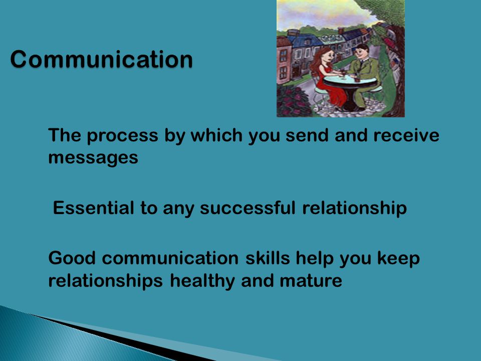 Communication The process by which you send and receive messages. Essential to any successful relationship.