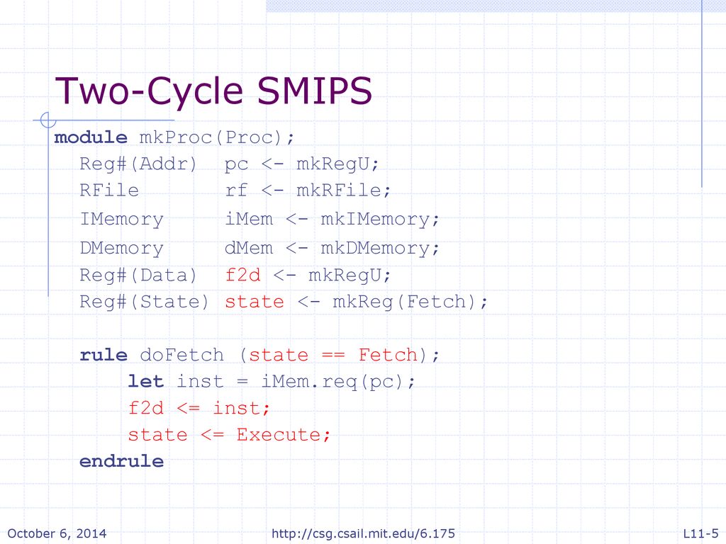 Two-Cycle SMIPS module mkProc(Proc); Reg#(Addr) pc <- mkRegU;