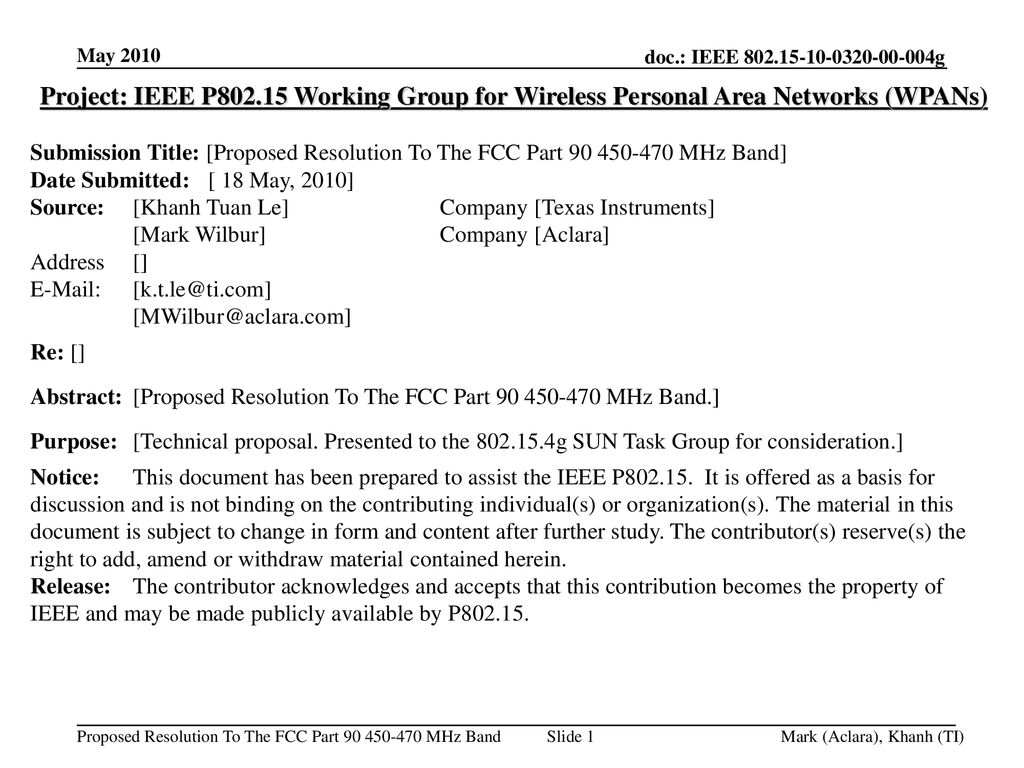 May 2010 Project: IEEE P Working Group for Wireless Personal Area