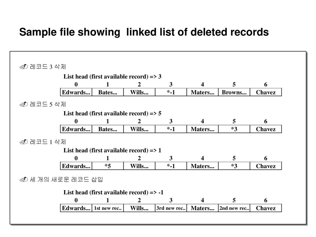 Sample file showing linked list of deleted records