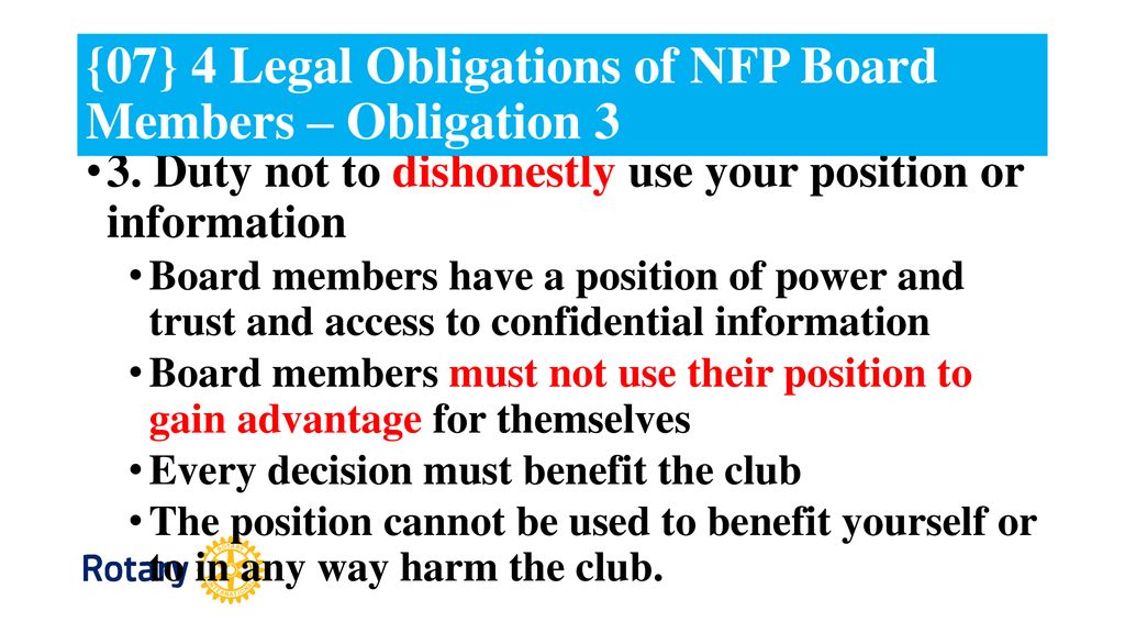 {07} 4 Legal Obligations of NFP Board Members – Obligation 3