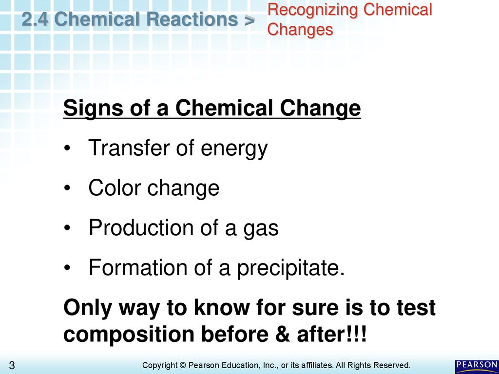 Signs of a Chemical Change Transfer of energy Color change