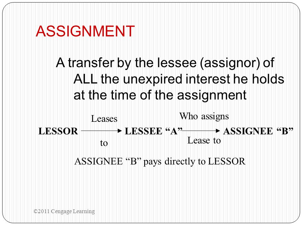 ASSIGNMENT A transfer by the lessee (assignor) of ALL the unexpired interest he holds at the time of the assignment.