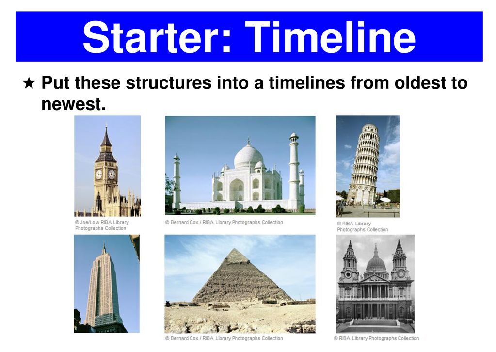 Starter: Timeline Put these structures into a timelines from oldest to newest.
