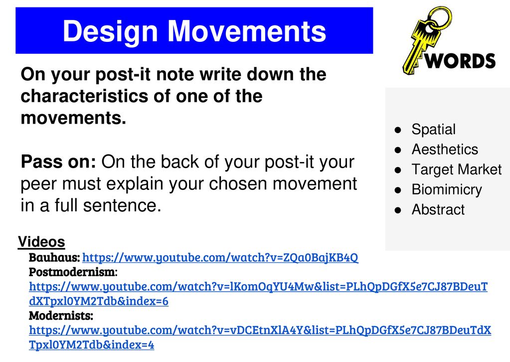 Design Movements On your post-it note write down the characteristics of one of the movements.