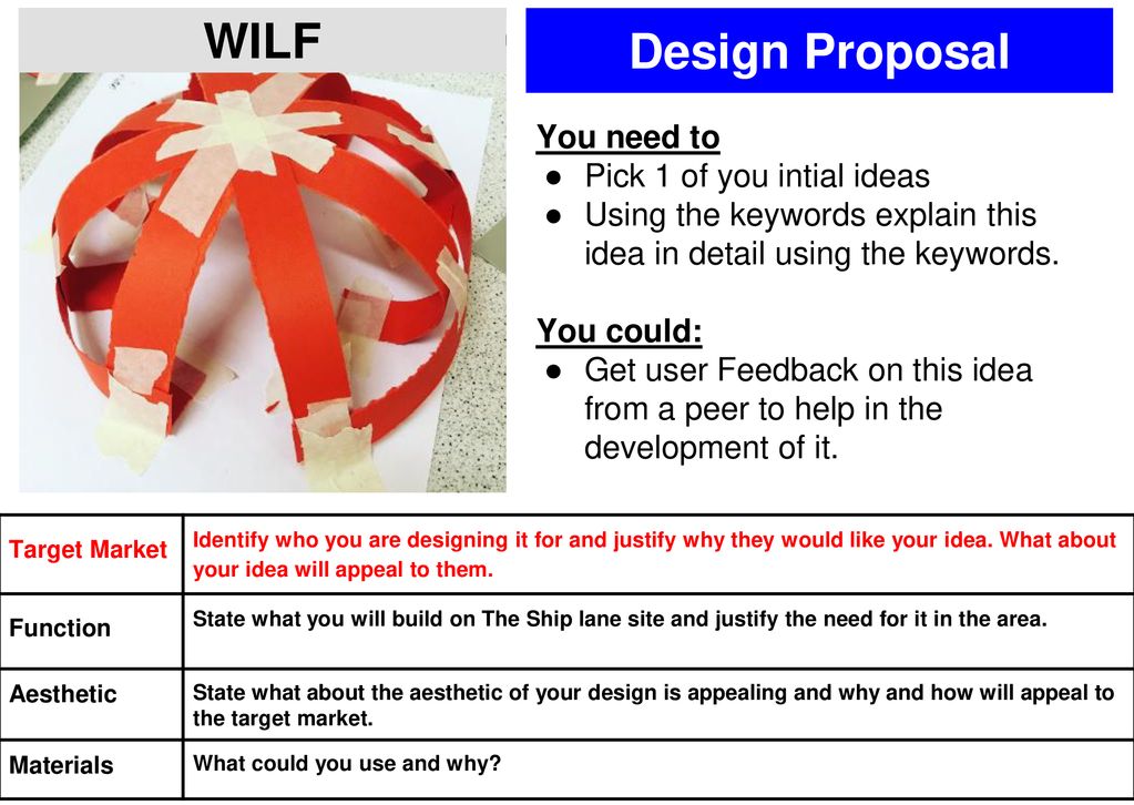 WILF Design Proposal You need to Pick 1 of you intial ideas