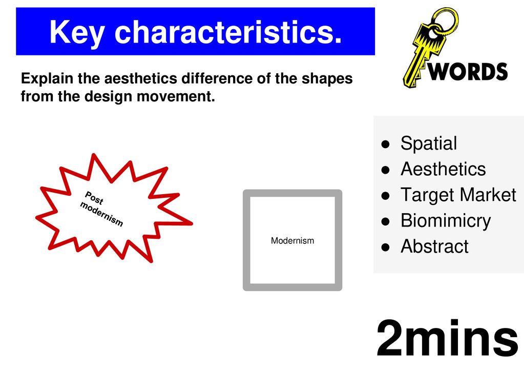 2mins Key characteristics. Spatial Aesthetics Target Market Biomimicry