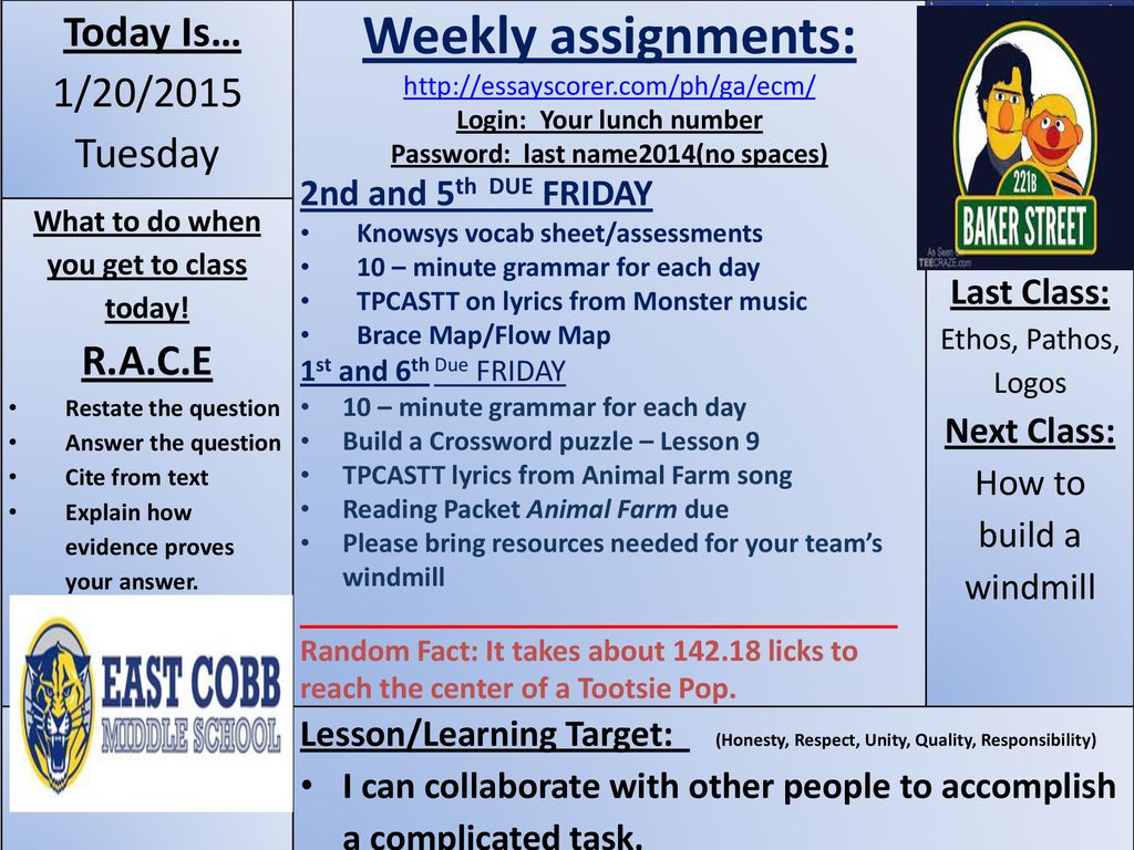Weekly assignments: Today Is 1/20/2015 Tuesday The smell of fall