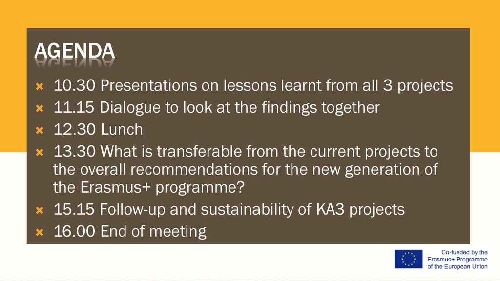 Agenda Presentations on lessons learnt from all 3 projects