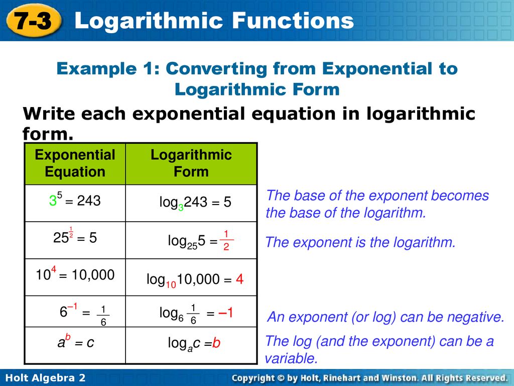 Objectives Write equivalent forms for exponential and logarithmic