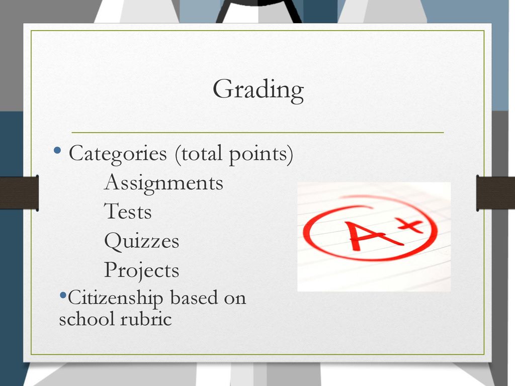 Grading Categories (total points) Assignments Tests Quizzes Projects