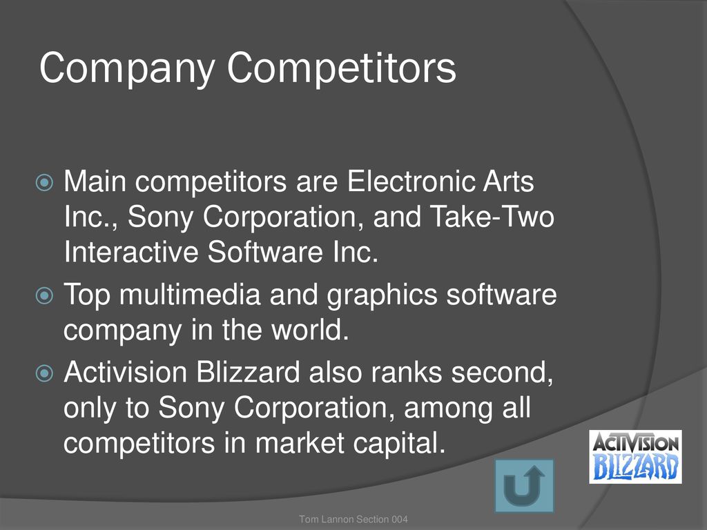 Company Competitors Main competitors are Electronic Arts Inc., Sony Corporation, and Take-Two Interactive Software Inc.