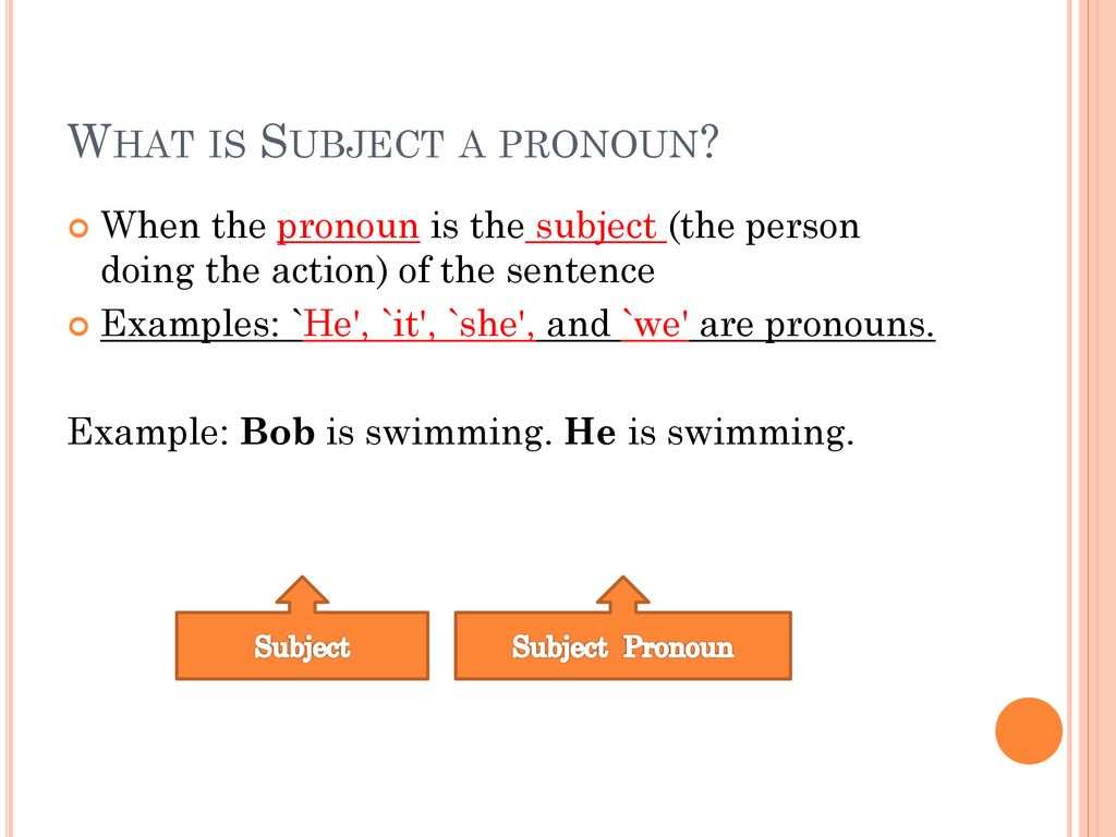Subject pronouns A subject pronoun is when the pronoun is the subject ...