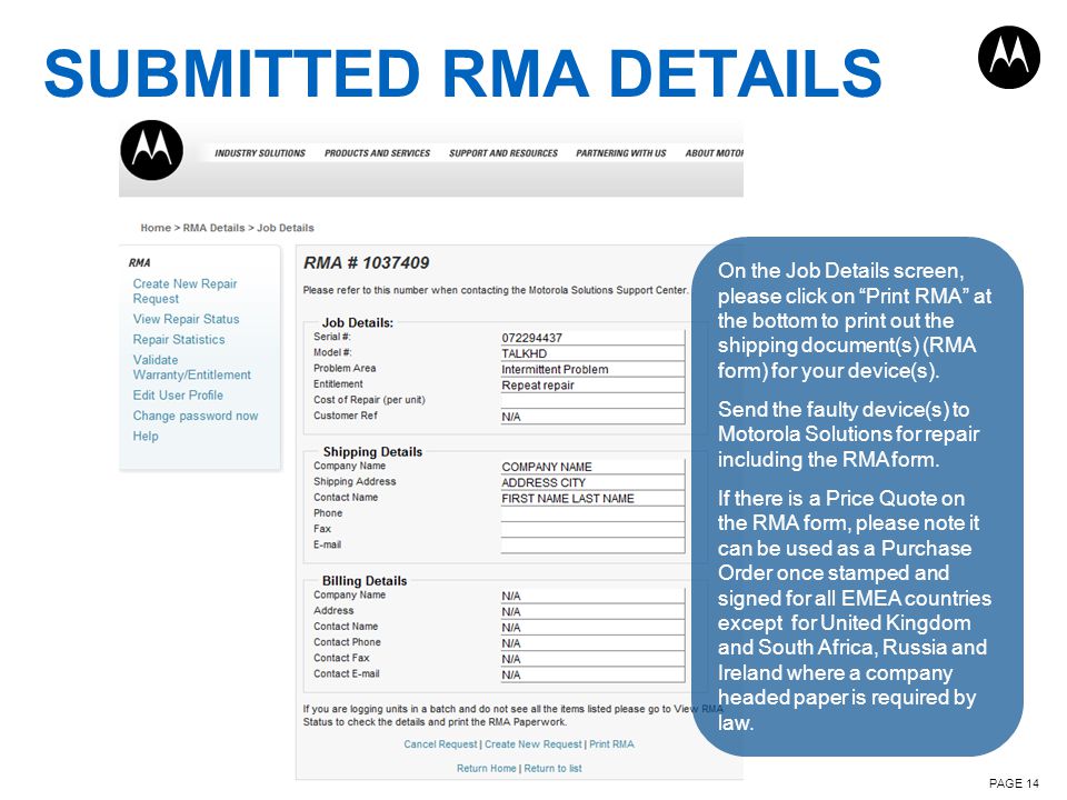 SUBMITTED RMA DETAILS