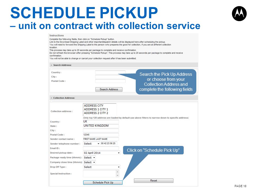 SCHEDULE PICKUP – unit on contract with collection service
