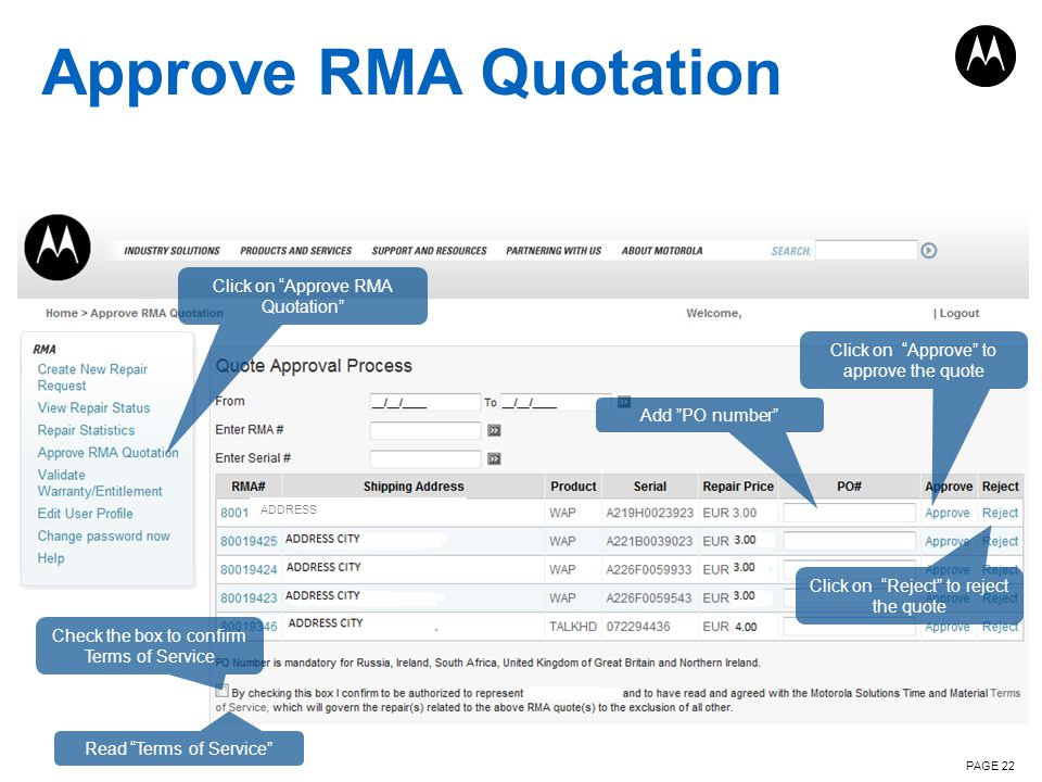 Approve RMA Quotation Click on Approve RMA Quotation