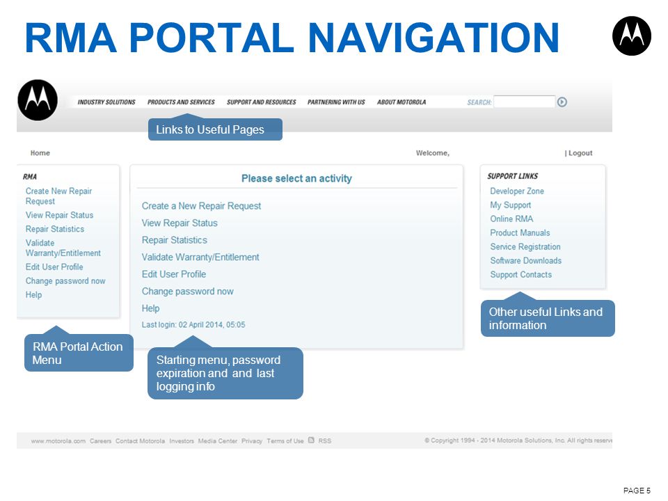 RMA PORTAL NAVIGATION Links to Useful Pages