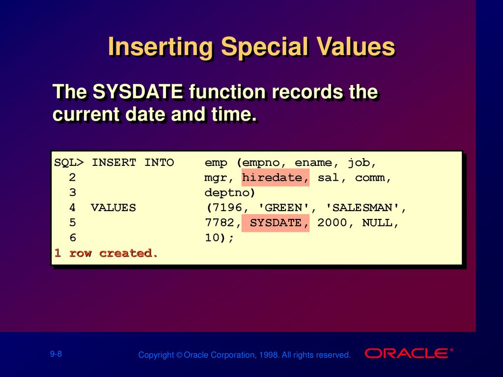 Sql insert into values 1