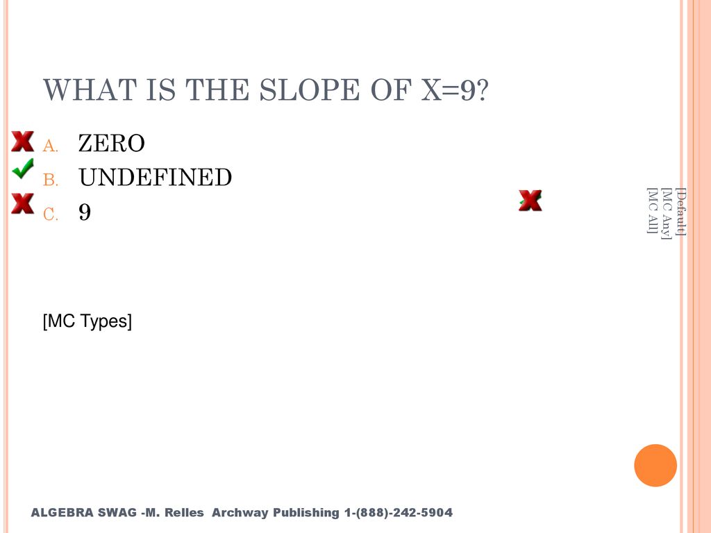 WHAT IS THE SLOPE OF X=9 ZERO UNDEFINED 9 [MC Types] [Default]