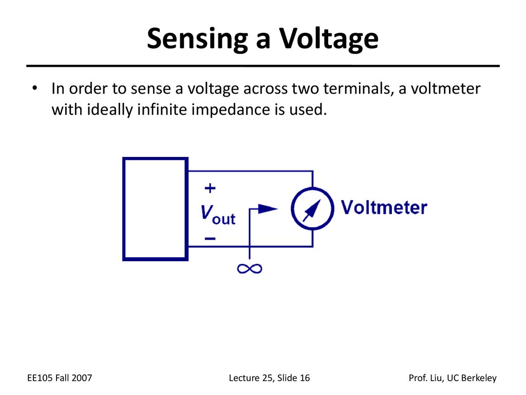 Sensing a Voltage In order to sense a voltage across two terminals, a voltmeter with ideally infinite impedance is used.