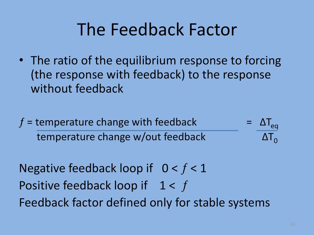 The Feedback Factor The ratio of the equilibrium response to forcing (the response with feedback) to the response without feedback.