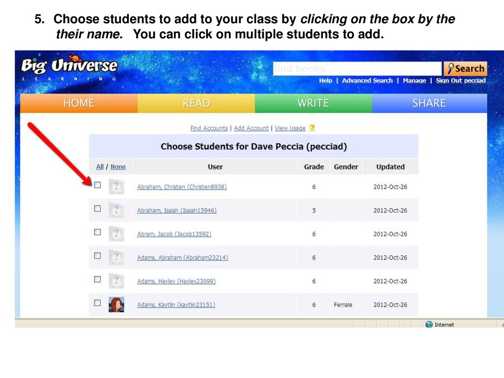 Choose students to add to your class by clicking on the box by the