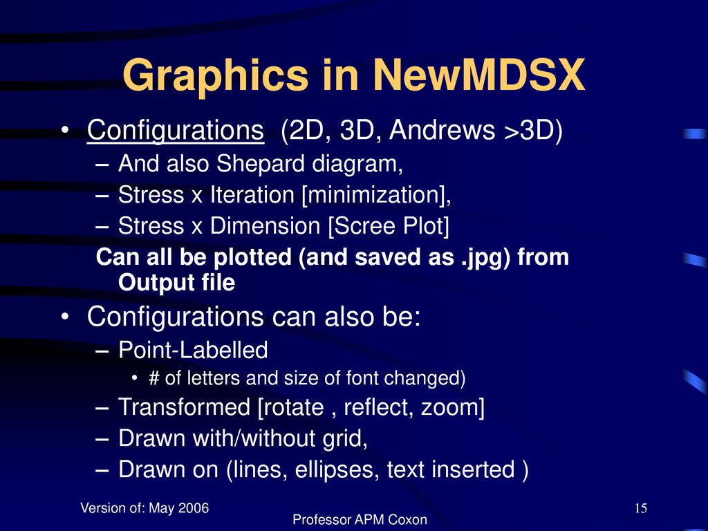 Graphics in NewMDSX Configurations (2D, 3D, Andrews >3D)
