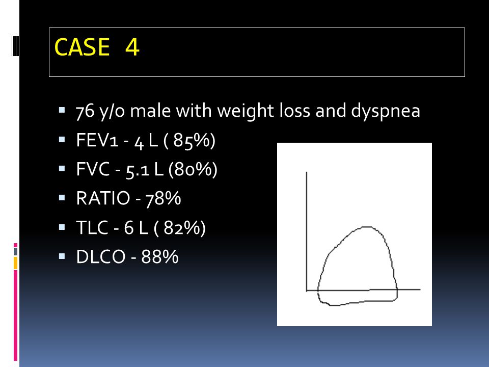 CASE 4 76 y/o male with weight loss and dyspnea FEV1 - 4 L ( 85%)