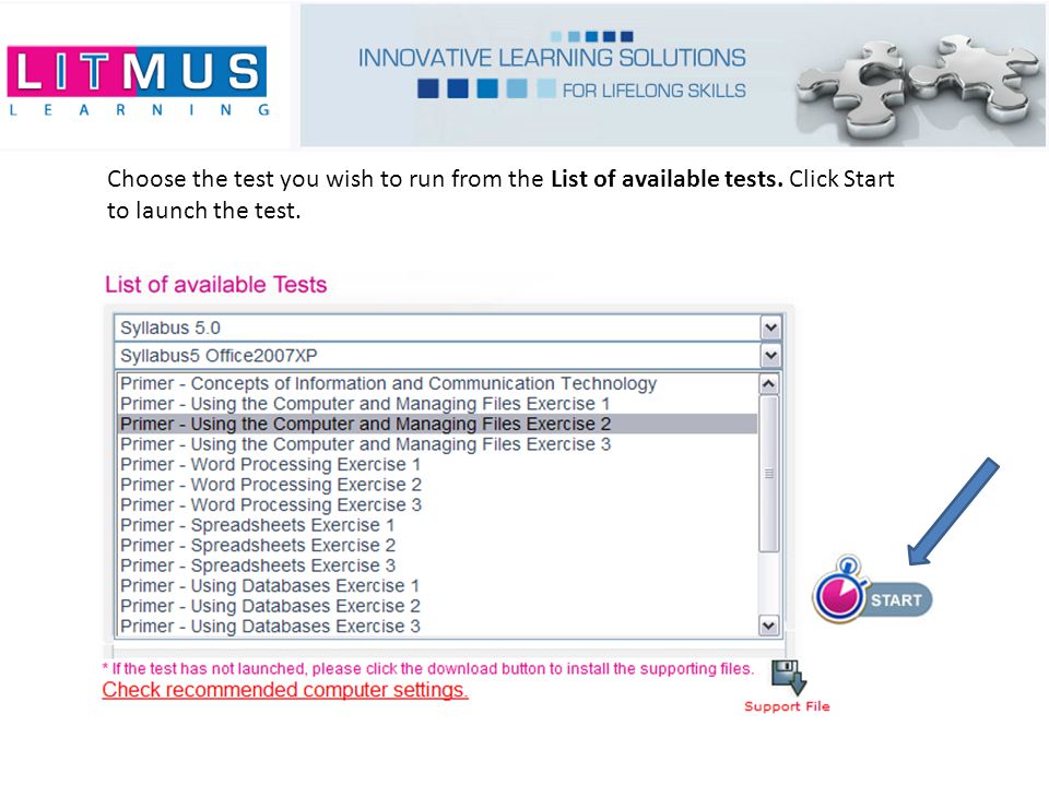 Choose the test you wish to run from the List of available tests