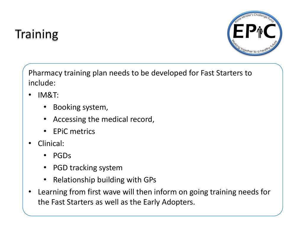 Training Pharmacy training plan needs to be developed for Fast Starters to include: IM&T: Booking system,