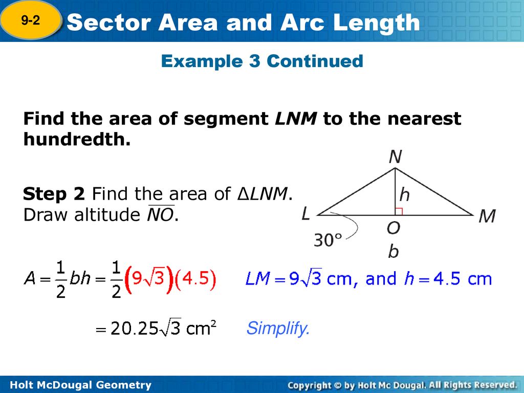 Find the area of segment LNM to the nearest hundredth.