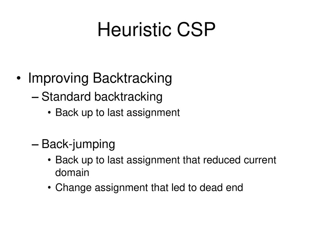 Heuristic CSP Improving Backtracking Standard backtracking