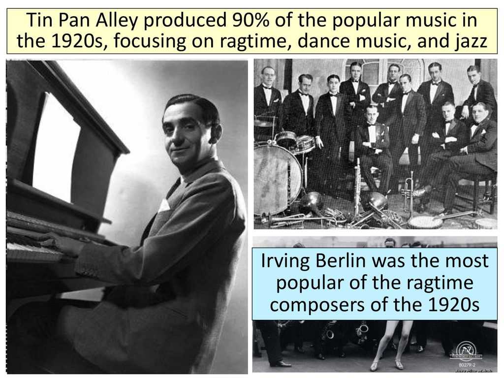 Tin Pan Alley produced 90% of the popular music in the 1920s, focusing on ragtime, dance music, and jazz
