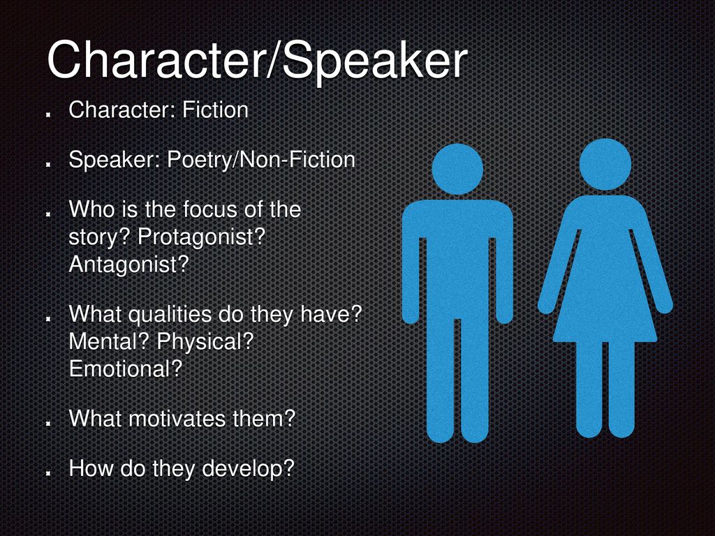 Character/Speaker Character: Fiction Speaker: Poetry/Non-Fiction
