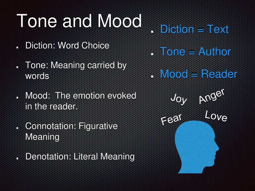 Tone and Mood Diction = Text Tone = Author Mood = Reader Anger Joy