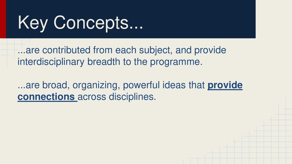 Key Concepts are contributed from each subject, and provide interdisciplinary breadth to the programme.