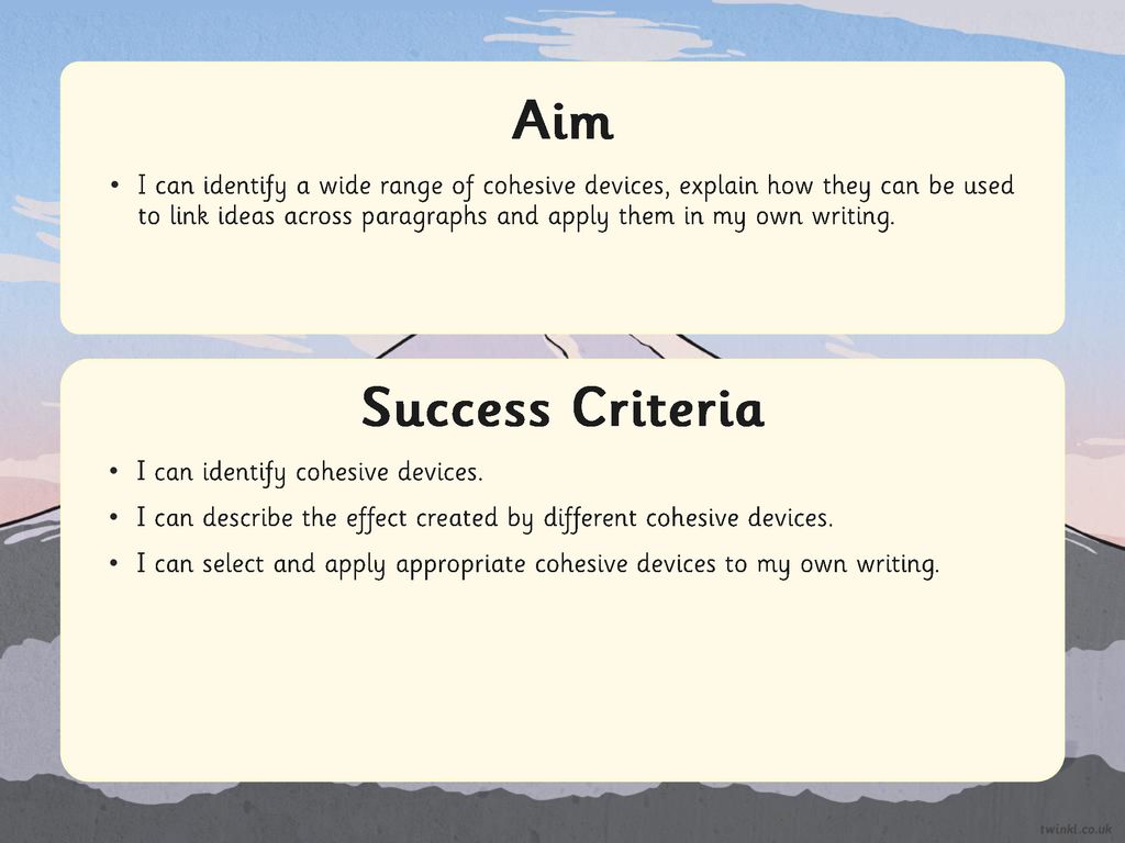 Aim I can identify a wide range of cohesive devices, explain how they can be used to link ideas across paragraphs and apply them in my own writing.