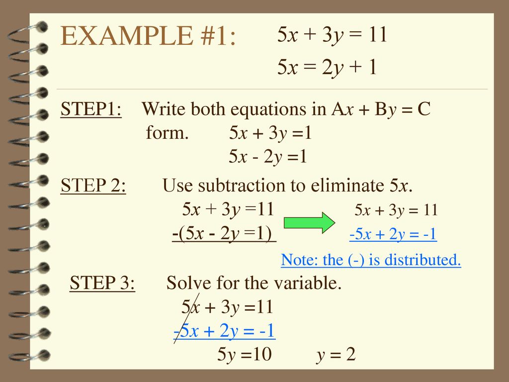 5x + 3y = 11 5x = 2y + 1. EXAMPLE #1: STEP1: Write both equations in Ax + By = C. form. 5x + 3y =1.