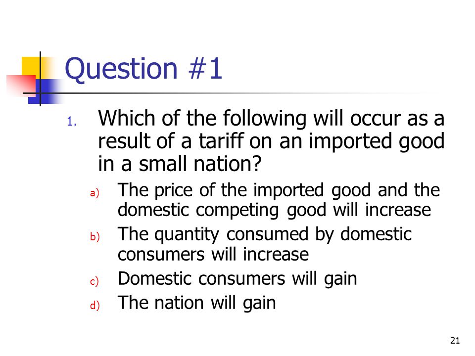 Question #1 Which of the following will occur as a result of a tariff on an imported good in a small nation