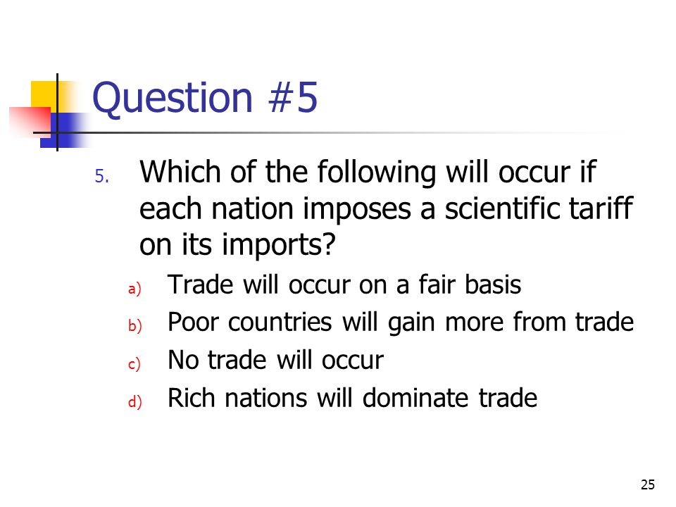 Question #5 Which of the following will occur if each nation imposes a scientific tariff on its imports