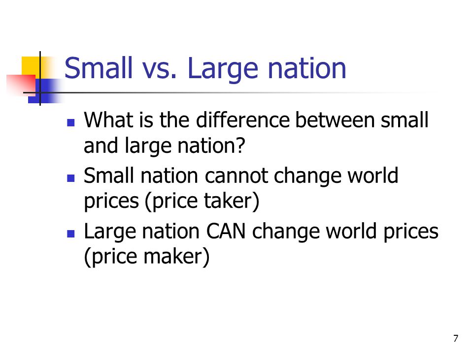 Small vs. Large nation What is the difference between small and large nation Small nation cannot change world prices (price taker)