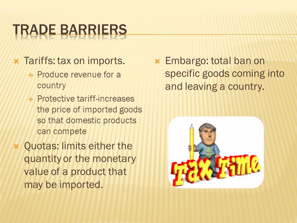 Trade Barriers Tariffs: tax on imports.