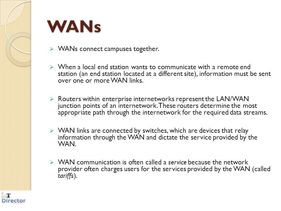WANs WANs connect campuses together.