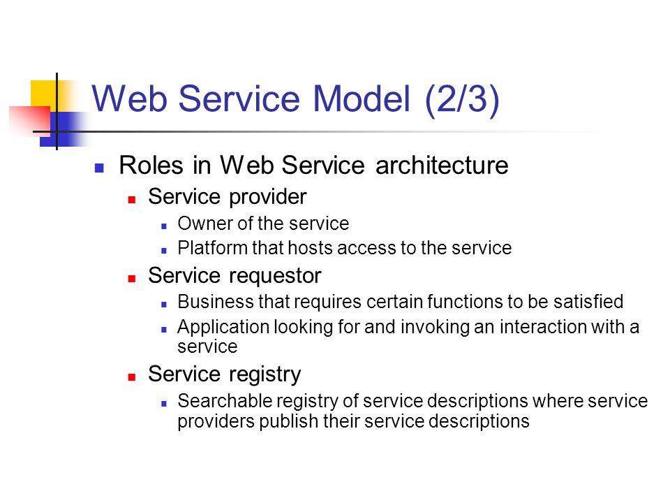 Web Service Model (2/3) Roles in Web Service architecture