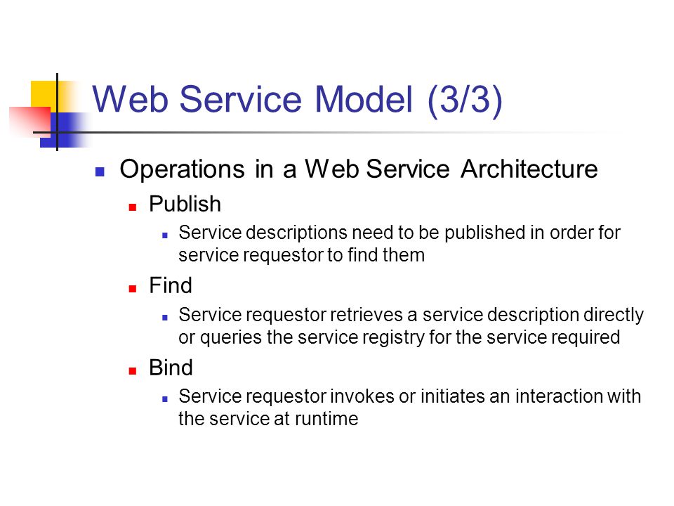 Web Service Model (3/3) Operations in a Web Service Architecture