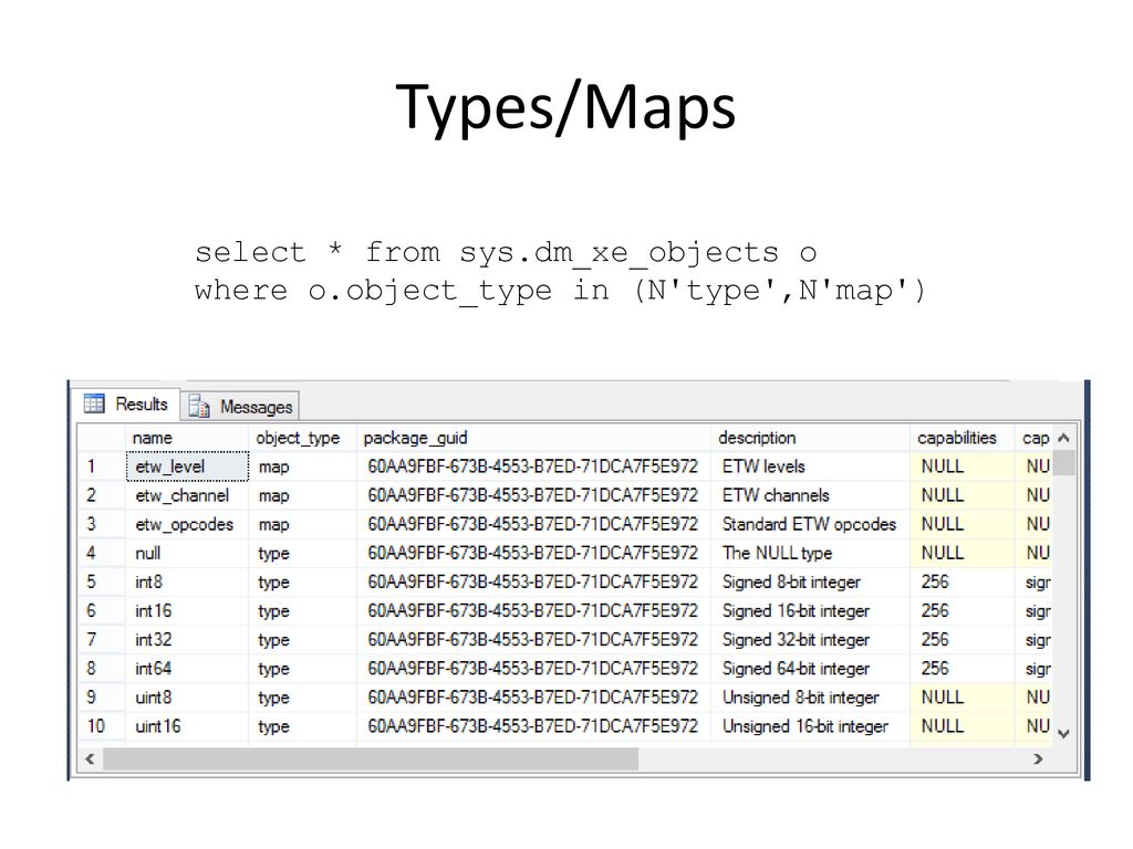 Types/Maps select * from sys.dm_xe_objects o