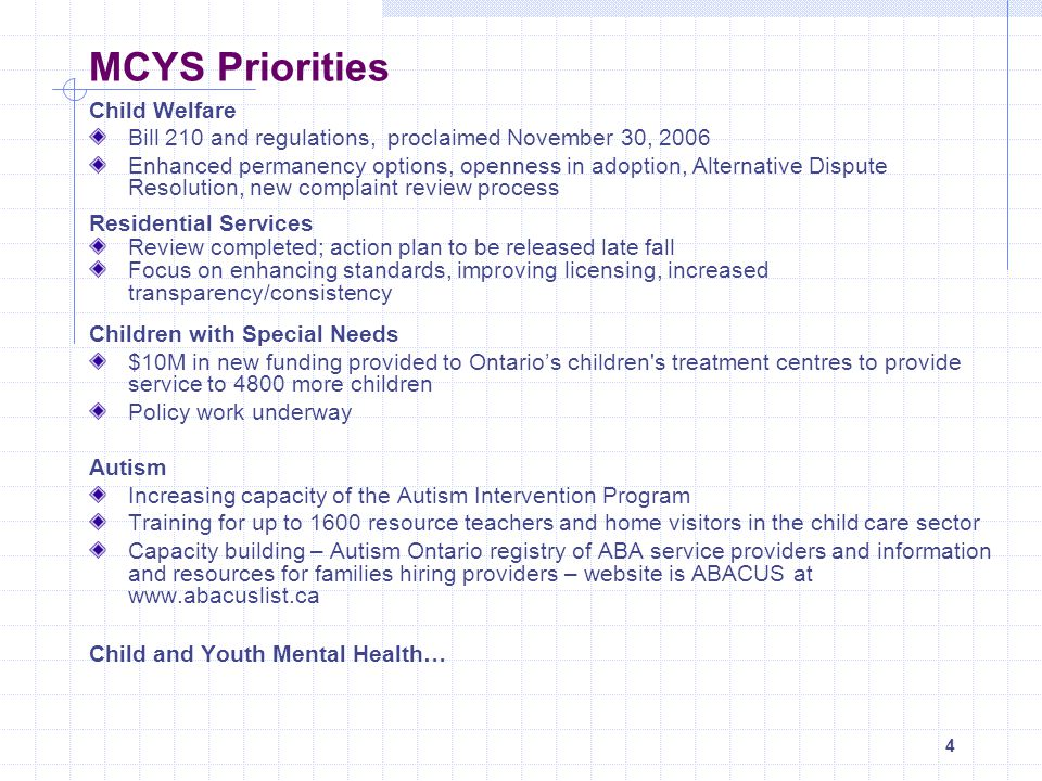 MCYS Priorities Child Welfare