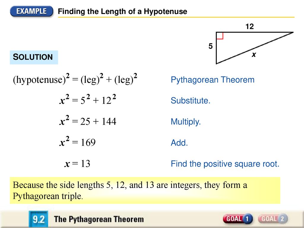 (hypotenuse)2 = (leg)2 + (leg)2