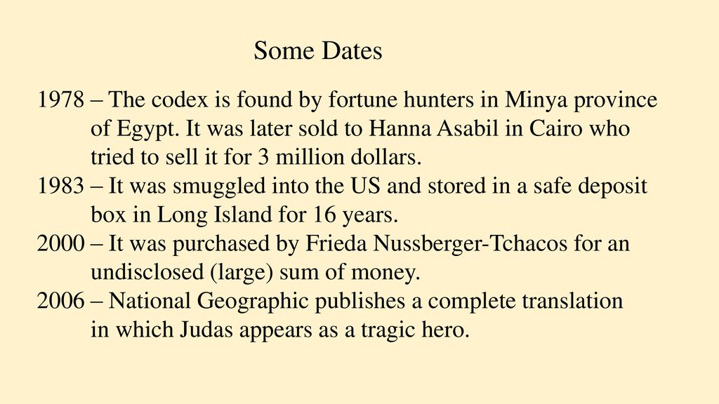 Some Dates 1978 – The codex is found by fortune hunters in Minya province. of Egypt. It was later sold to Hanna Asabil in Cairo who.