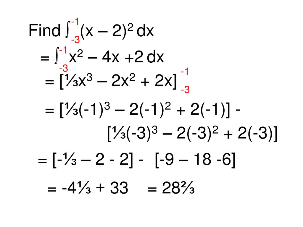 Find  (x – 2)2 dx =  x2 – 4x +2 dx = [⅓x3 – 2x2 + 2x]